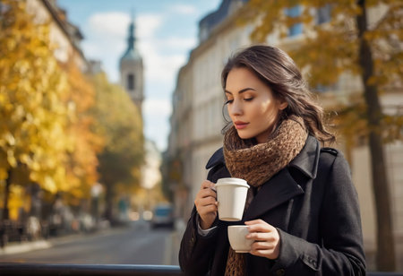 Stylish happy young woman wearing boyfriend jeans, white sneakers bright yellow sweatshirt.She holds coffee to go. portrait of smiling girl in sunglasses and bagの素材