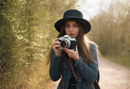 Woman photographer with dslr camera taking pictures outdoor. Mixed race girl with photo camera outdoor. Home hobby, lifestyle, travel, people conceptの素材