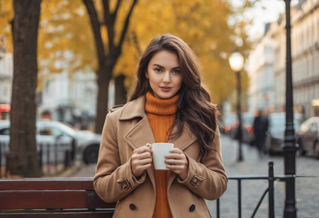 Stylish happy young woman wearing boyfriend jeans, white sneakers bright yellow sweatshirt.She holds coffee to go. portrait of smiling girl in sunglasses and bagの素材
