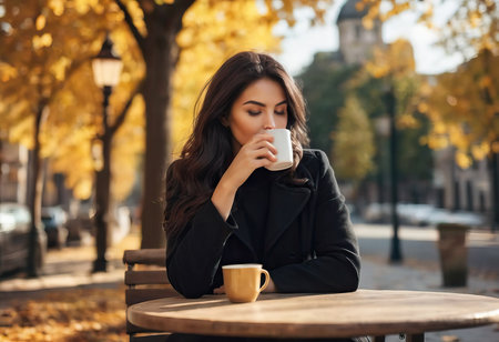Stylish happy young woman wearing boyfriend jeans, white sneakers bright yellow sweatshirt.She holds coffee to go. portrait of smiling girl in sunglasses and bagの素材