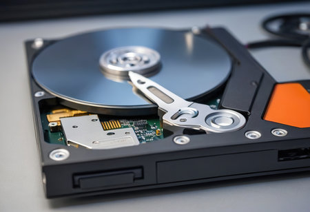 The abstract image of inside of hard disk drive on the technician's desk and a computer motherboard as a component. the concept of data, hardware, and information technology.の素材