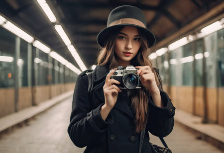 Woman photographer with dslr camera taking pictures outdoor. Mixed race girl with photo camera outdoor. Home hobby, lifestyle, travel, people conceptの素材