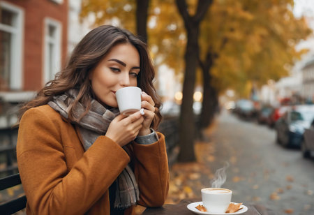 Stylish happy young woman wearing boyfriend jeans, white sneakers bright yellow sweatshirt.She holds coffee to go. portrait of smiling girl in sunglasses and bagの素材
