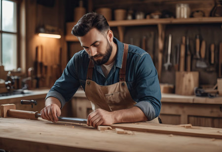 Happy Carpenter smiling to sketch design wooden furniture in wood workshop professional look high skill real authentic handcrafted working people.の素材