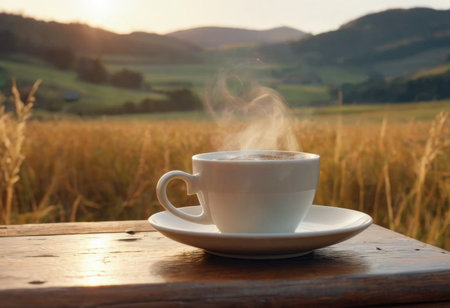 Steam rising from freshly prepared coffee in cup on table at homeの素材