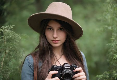 Woman photographer with dslr camera taking pictures outdoor. Mixed race girl with photo camera outdoor. Home hobby, lifestyle, travel, people conceptの素材