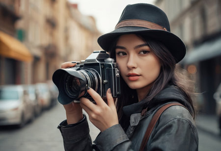 Woman photographer with dslr camera taking pictures outdoor. Mixed race girl with photo camera outdoor. Home hobby, lifestyle, travel, people conceptの素材