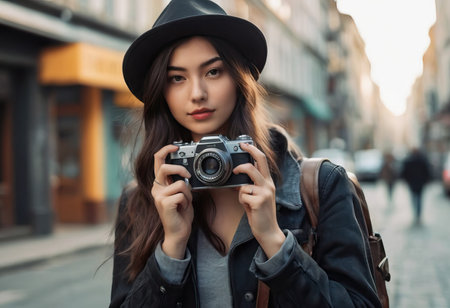 Woman photographer with dslr camera taking pictures outdoor. Mixed race girl with photo camera outdoor. Home hobby, lifestyle, travel, people conceptの素材