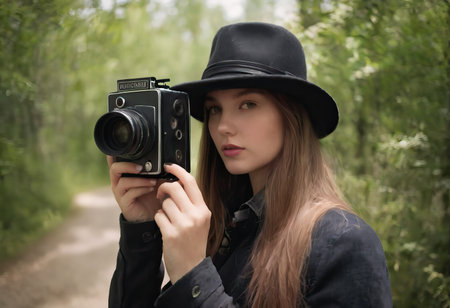 Woman photographer with dslr camera taking pictures outdoor. Mixed race girl with photo camera outdoor. Home hobby, lifestyle, travel, people conceptの素材
