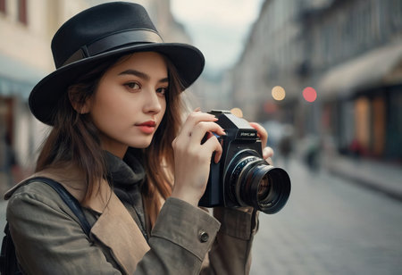 Woman photographer with dslr camera taking pictures outdoor. Mixed race girl with photo camera outdoor. Home hobby, lifestyle, travel, people conceptの素材