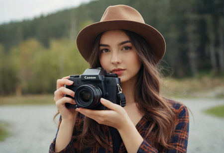 Woman photographer with dslr camera taking pictures outdoor. Mixed race girl with photo camera outdoor. Home hobby, lifestyle, travel, people conceptの素材