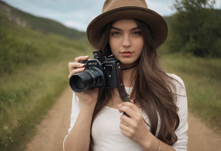 Woman photographer with dslr camera taking pictures outdoor. Mixed race girl with photo camera outdoor. Home hobby, lifestyle, travel, people conceptの素材