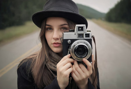 Woman photographer with dslr camera taking pictures outdoor. Mixed race girl with photo camera outdoor. Home hobby, lifestyle, travel, people conceptの素材