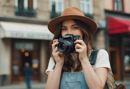 Woman photographer with dslr camera taking pictures outdoor. Mixed race girl with photo camera outdoor. Home hobby, lifestyle, travel, people conceptの素材