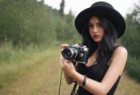 Woman photographer with dslr camera taking pictures outdoor. Mixed race girl with photo camera outdoor. Home hobby, lifestyle, travel, people conceptの素材