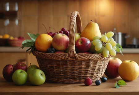 Basket and fresh fruits on wooden tableの素材