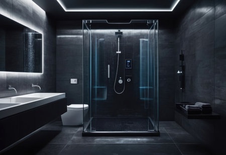 Contemporary bathroom with nighttime lighting featuring shower bathtub mirror and washstandの素材