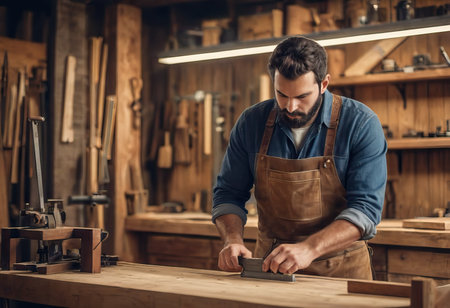 Happy Carpenter smiling to sketch design wooden furniture in wood workshop professional look high skill real authentic handcrafted working people.の素材