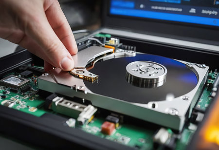 The abstract image of inside of hard disk drive on the technician's desk and a computer motherboard as a component. the concept of data, hardware, and information technology.の素材