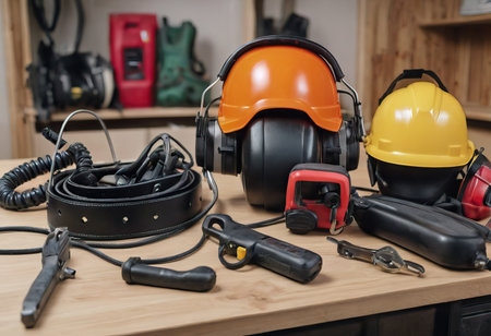personal protective equipment, construction helmet, hearing protection, dust protection.の素材