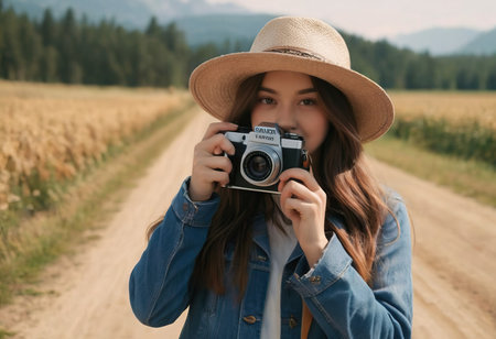 Woman photographer with dslr camera taking pictures outdoor. Mixed race girl with photo camera outdoor. Home hobby, lifestyle, travel, people conceptの素材