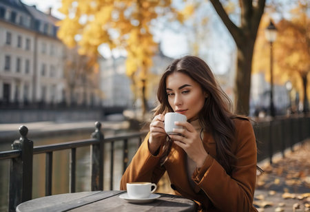 Stylish happy young woman wearing boyfriend jeans, white sneakers bright yellow sweatshirt.She holds coffee to go. portrait of smiling girl in sunglasses and bagの素材