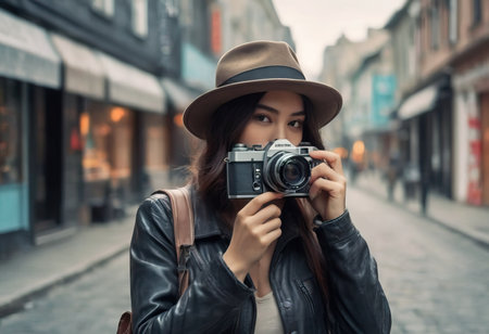 Woman photographer with dslr camera taking pictures outdoor. Mixed race girl with photo camera outdoor. Home hobby, lifestyle, travel, people conceptの素材