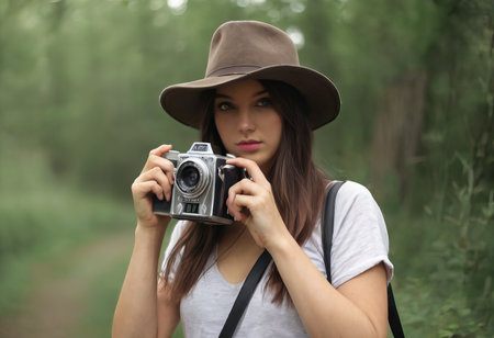 Woman photographer with dslr camera taking pictures outdoor. Mixed race girl with photo camera outdoor. Home hobby, lifestyle, travel, people conceptの素材