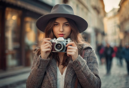 Woman photographer with dslr camera taking pictures outdoor. Mixed race girl with photo camera outdoor. Home hobby, lifestyle, travel, people conceptの素材