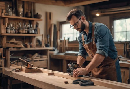 Happy Carpenter smiling to sketch design wooden furniture in wood workshop professional look high skill real authentic handcrafted working people.の素材