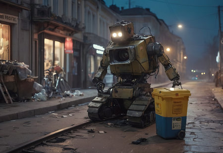 Robot make hard work, transports, cleans up trash garbage container in city.の素材
