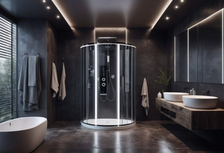 Contemporary bathroom with nighttime lighting featuring shower bathtub mirror and washstandの素材