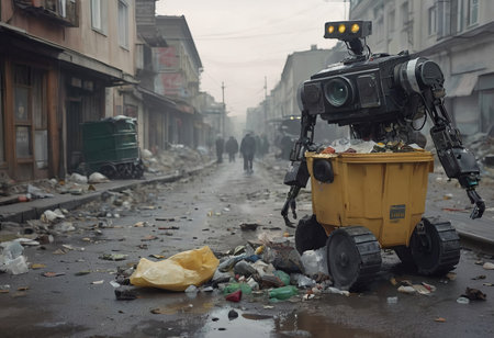 Robot make hard work, transports, cleans up trash garbage container in city.の素材
