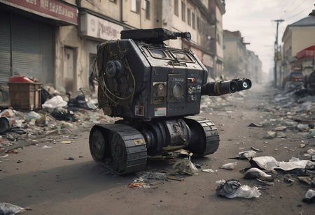 Robot make hard work, transports, cleans up trash garbage container in city.の素材