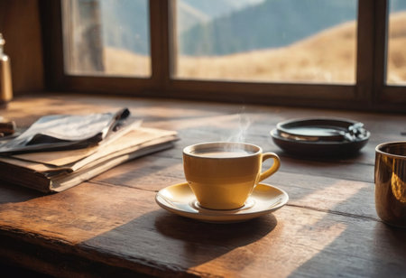 Steam rising from freshly prepared coffee in cup on table at homeの素材