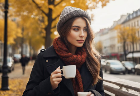 Stylish happy young woman wearing boyfriend jeans, white sneakers bright yellow sweatshirt.She holds coffee to go. portrait of smiling girl in sunglasses and bagの素材