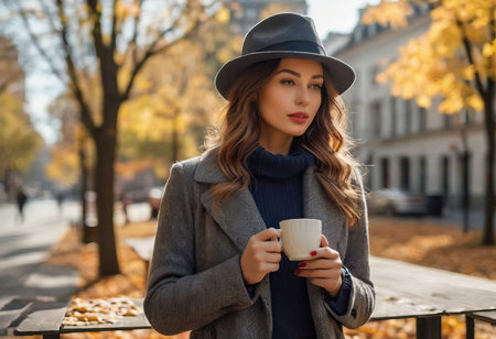 Stylish happy young woman wearing boyfriend jeans, white sneakers bright yellow sweatshirt.She holds coffee to go. portrait of smiling girl in sunglasses and bagの素材