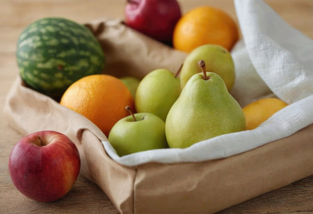Basket and fresh fruits on wooden tableの素材