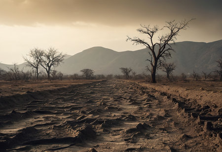 Dead trees on dry cracked earth metaphor Drought, Water crisis and World Climate change.の素材