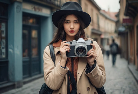 Woman photographer with dslr camera taking pictures outdoor. Mixed race girl with photo camera outdoor. Home hobby, lifestyle, travel, people conceptの素材