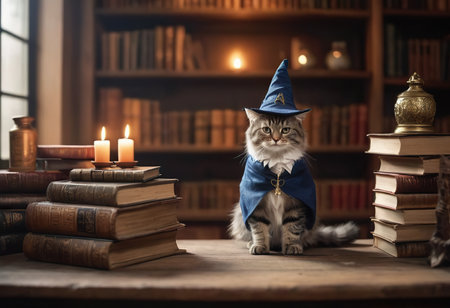 Funny calico cat lying among the books. Young cat playing with booksの素材
