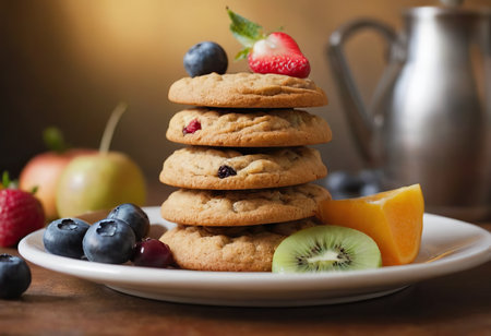 homemade oat cookies chips and ingredients banana walnuts almonds raisin dried apricots soft focus close upの素材