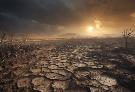 Dead trees on dry cracked earth metaphor Drought, Water crisis and World Climate change.の素材