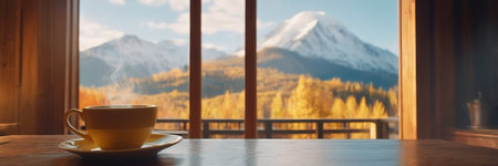 Coffee cup on wood table and view of beautiful nature background.の素材