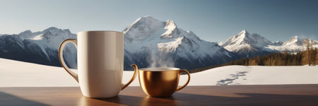 Coffee cup on wood table and view of beautiful nature background.の素材