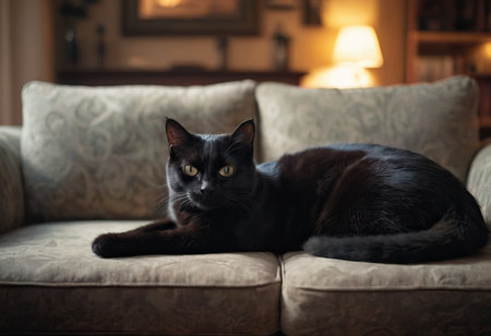 Black cat on an armchair with wear marks in front of the window on a warm dayの素材