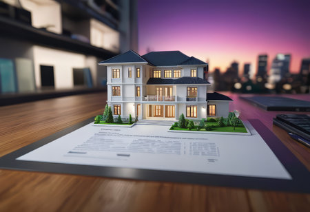 concept 3d render miniature model maquette of small skyscraper building on table in real estate agency. signing mortgage contract document demonstrating. futuristic business.の素材