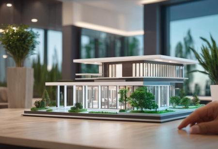 concept 3d render miniature model maquette of small skyscraper building on table in real estate agency. signing mortgage contract document demonstrating. futuristic business.の素材