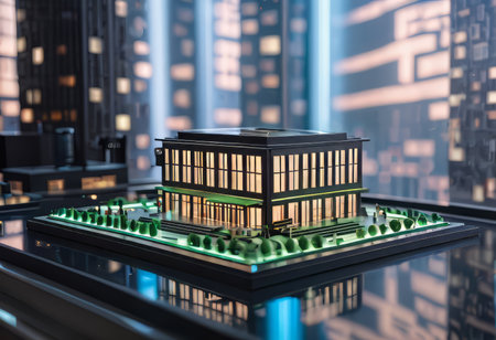 concept 3d render miniature model maquette of small skyscraper building on table in real estate agency. signing mortgage contract document demonstrating. futuristic business.の素材