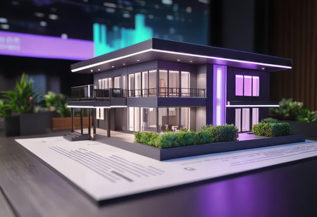 concept 3d render miniature model maquette of small skyscraper building on table in real estate agency. signing mortgage contract document demonstrating. futuristic business.の素材